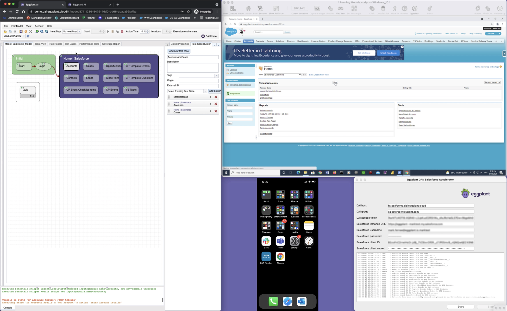 Figure: Eggplant securely connects to the Salesforce environment (bottom right) and then automatically generates test assets and a model (left) to test the system in a Chrome browser (top right).